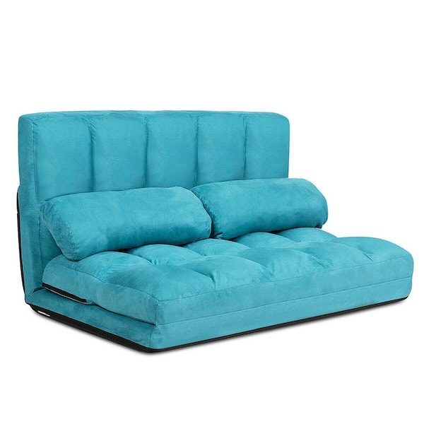 Costway 44.5 in. W Blue Twin Suede Foldable Floor Sofa Bed 6-Position Adjustable Lounge Couch with 2-Pillows