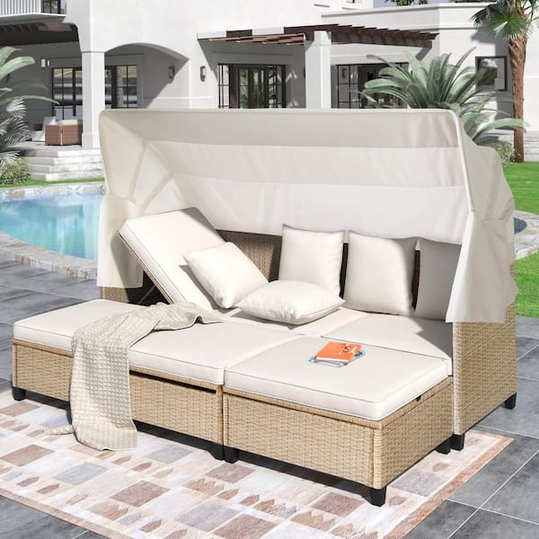 Sudzendf 4-Piece UV-Proof Resin Wicker Outdoor Patio Day Bed with Retractable Canopy, with Beige Cushions