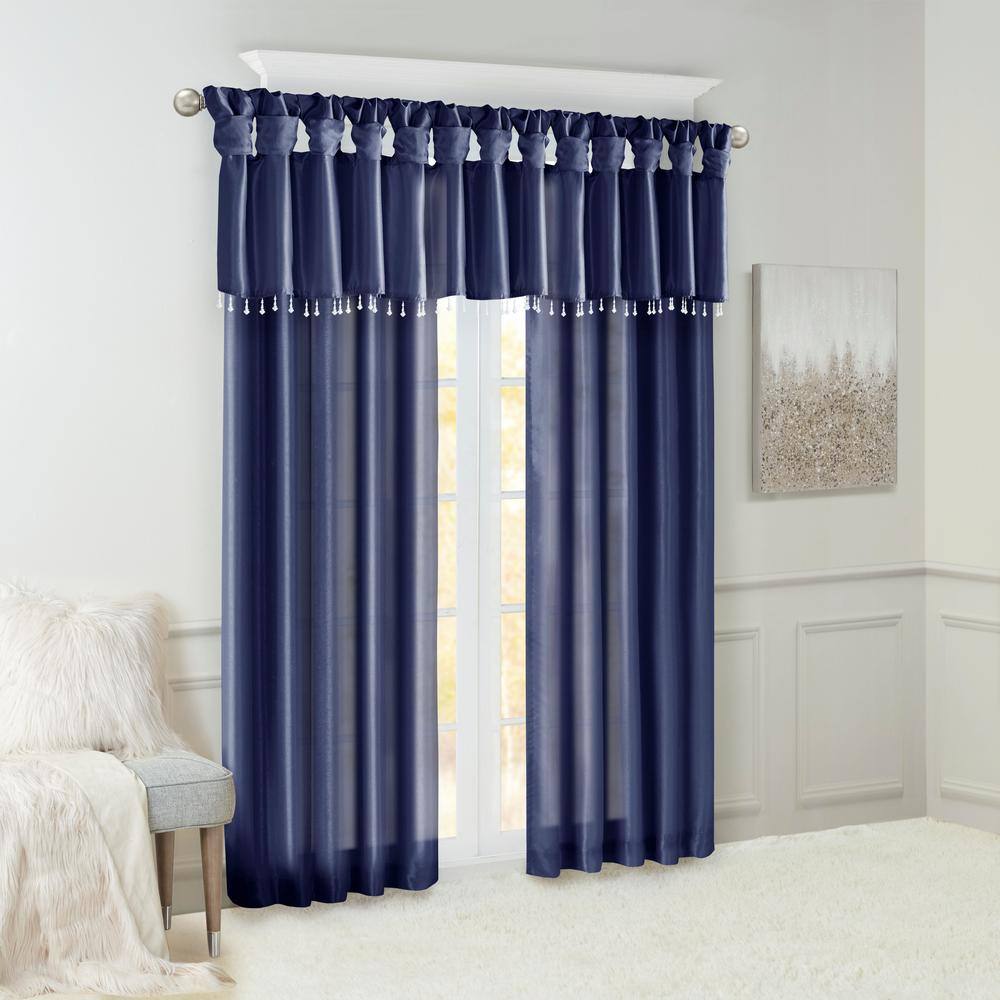 Navy Faux Silk Tab Top Valance with Beads