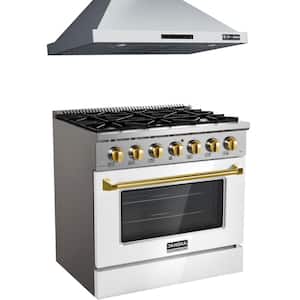36 in. 870 CFM Wall-Mount Range Hood and 36 in. 5.2 cu. ft. Gas Range with Convection Oven in Glossy White