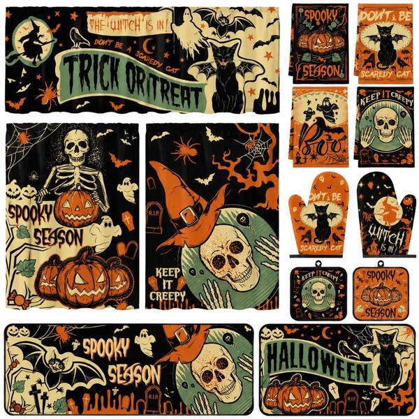 Blue Vintage Gothic Halloween Kitchen Decor Set with Silicone Mats, Curtains, Towels, Mitts and Pot Holders