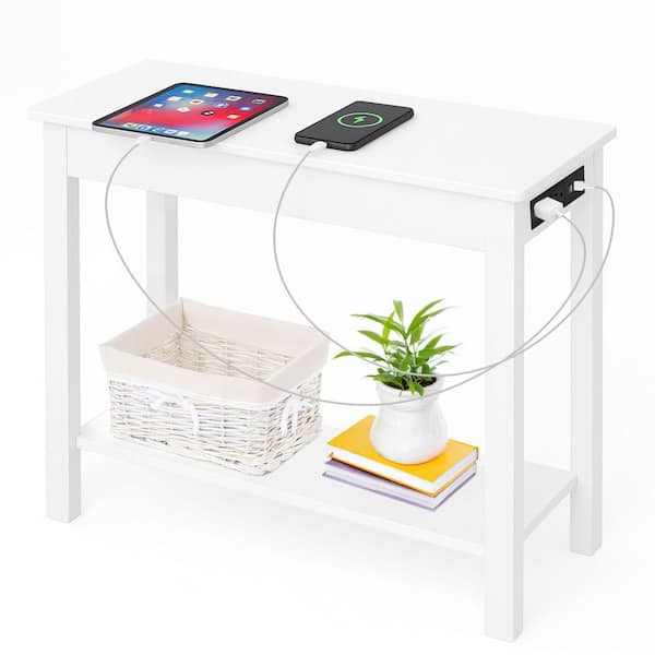 11.02in Rectangle Narrow Wood End Table with Charging Station, White