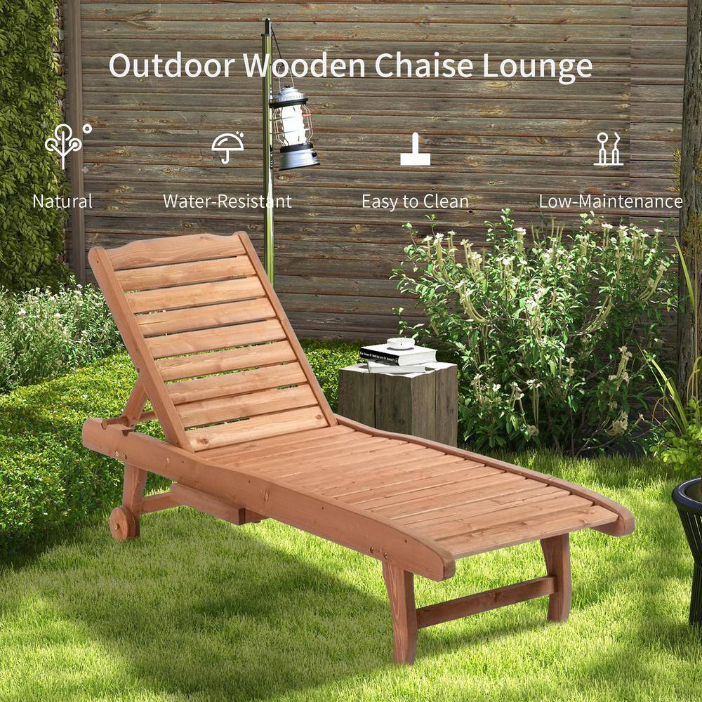 Natural Brown Wood Outdoor Chaise Lounge with Reclining Backrest