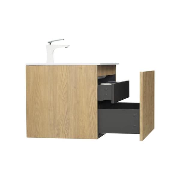 WY 23.6 in. W x 18.9 in. D Single Sink Floating Bath Vanity in Yellow Oak Wood Finish with White Resin Top