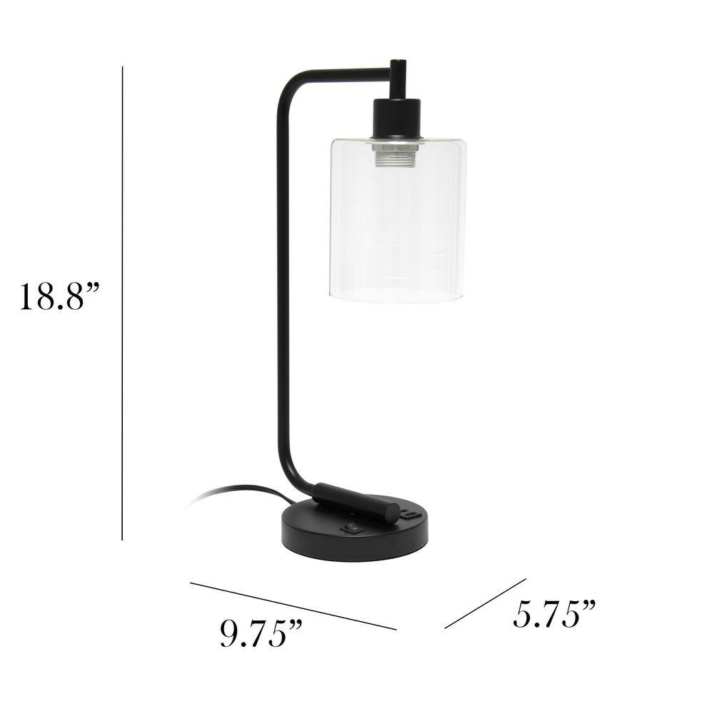 Arcadian Black Iron Desk Lamp with USB Ports and Glass Shade