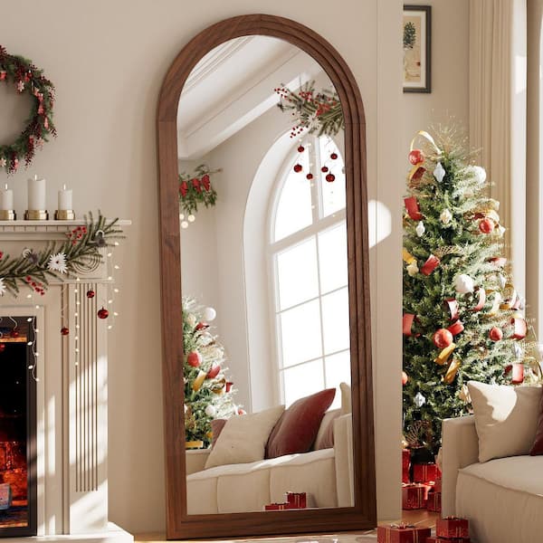 XRAMFY 64 in. H x 21 in. W Arched Classic Brown Wood Framed Full Length Mirror Floor Mirror