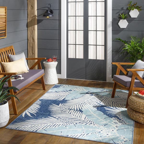 Glaraki Aqua 5 ft. 3 in. x 7 ft. 3 in. Floral Indoor/Outdoor Patio Area Rug