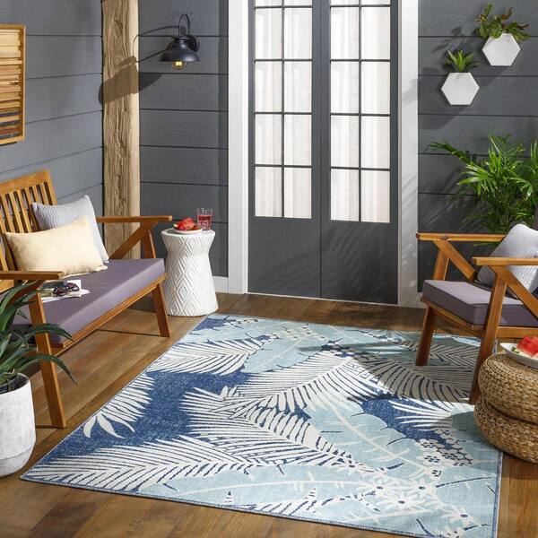Glaraki Aqua 6 ft. 11 in. x 9 ft. Floral Indoor/Outdoor Patio Area Rug
