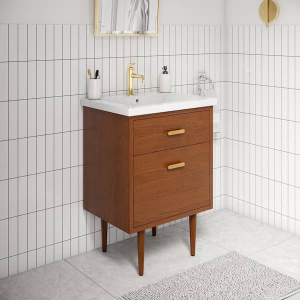 Brandy 24.5 in. W x 18.5 in. D x 34.7 in . H Bath Vanity in Honey Walnut with White Ceramic Top