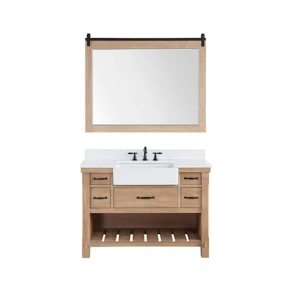 ROSWELL Villareal 48 in.W x 22 in.D x 34 in.H Single Farmhouse Bath Vanity in Weathered Pine with Composite Stone Top and Mirror