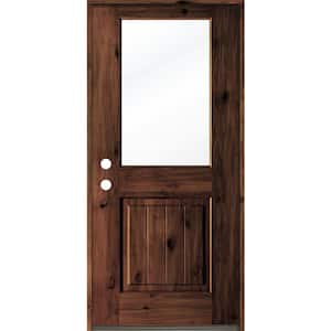 32 in. x 80 in. Rustic Knotty Alder Wood Clear Half-Lite Red Mahogony Stain/VG Right Hand Single Prehung Front Door