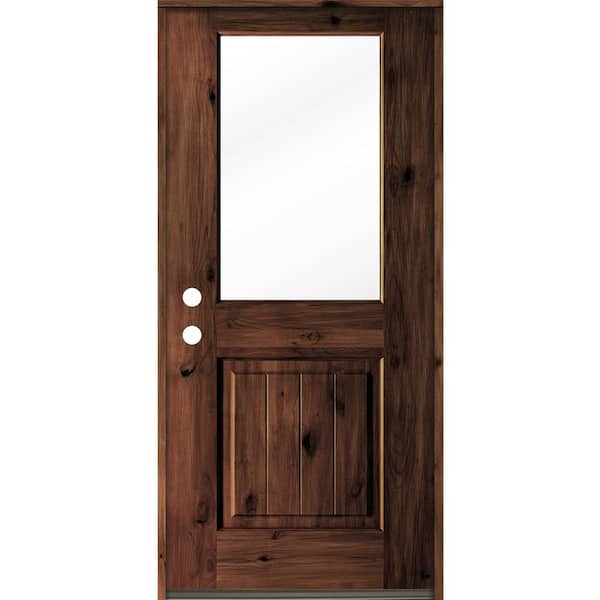 Krosswood Doors 36 in. x 80 in. Rustic Knotty Alder Wood Clear Half-Lite Red Mahogony Stain/VG Right Hand Single Prehung Front Door