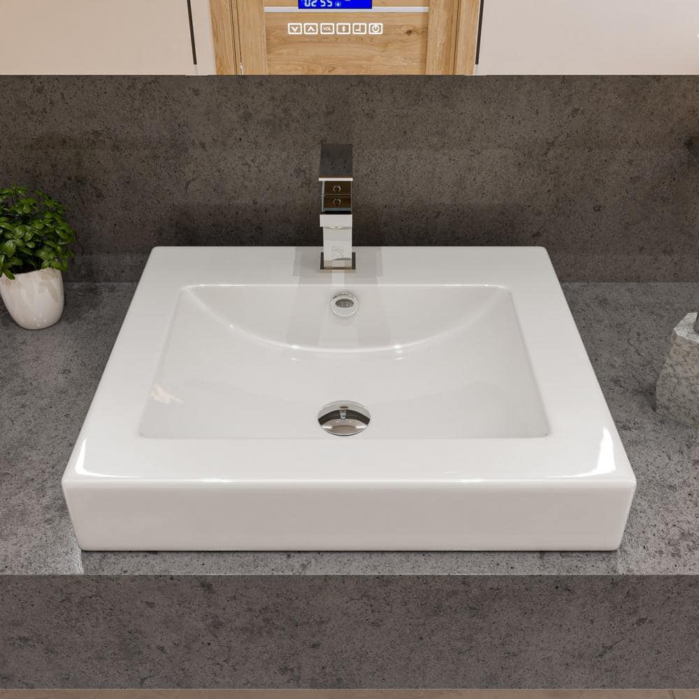 24" White Glossy Ceramic Rectangular Bathroom Sink with Faucet Hole