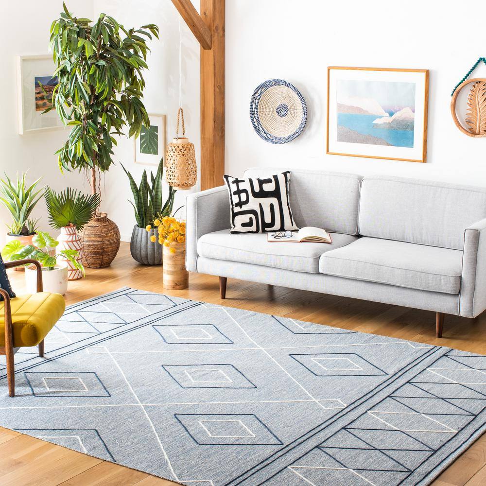 Handmade Light Blue Wool Striped Flat Woven Rug