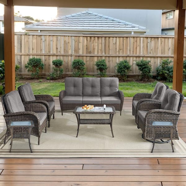 Opohoro Brown 8-Piece Wicker Patio Conversation Set with Swivel Rockers, Outdoor Sofa Seating Set with Olefin Gray Cushions