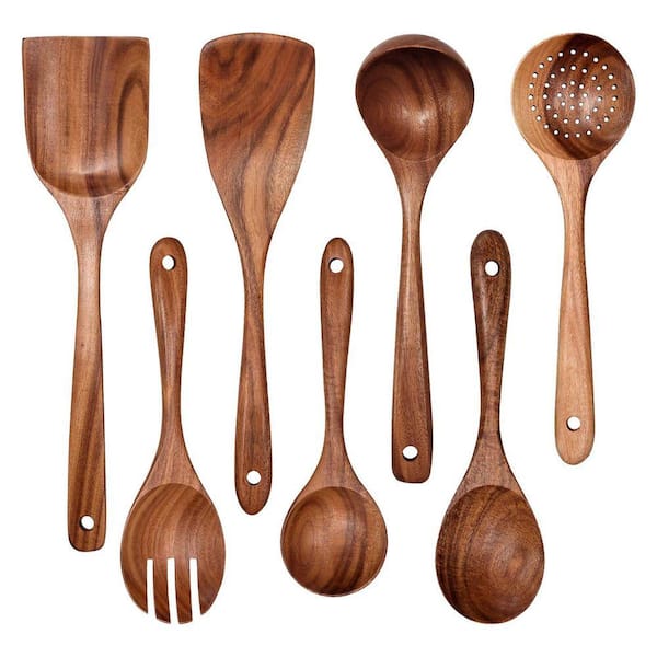 Natural Teak Wood Finish Kitchen Utensil Set Nonstick Scratch-Resistant Cooking Spoons and Spatulas 7-Piece