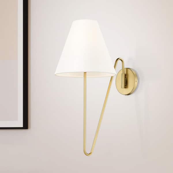 Golden Lighting - Kennedy 1-Light Brushed Champagne Bronze Hardwired/Plug-In Swing Arm Wall Lamp with Ivory Linen Shade