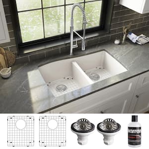 QU-720 Quartz/Granite 34 in. Double Bowl 50/50 Undermount Kitchen Sink in White with Bottom Grid and Strainer