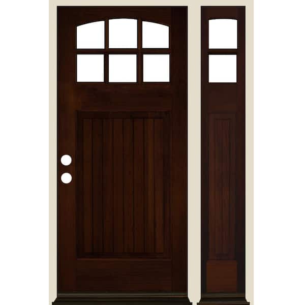 Krosswood Doors 50 in. x 80 in. V-Groove Arch 6-Lite Clear Glass Red Mahogany Stain Right Hand Hemlock Wood Prehung Front Door w/RSL