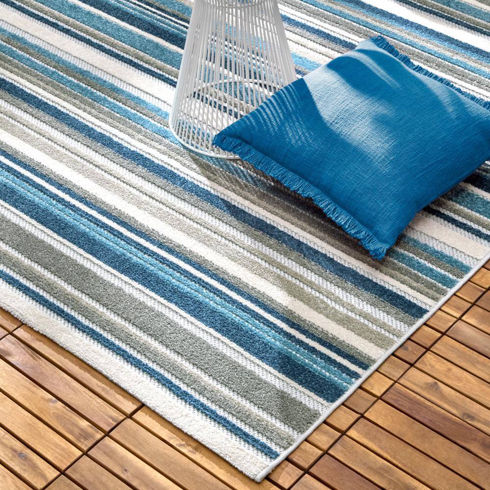 Blue Multicolor Stripe Synthetic Indoor Outdoor Area Rug