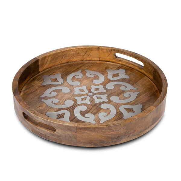 Burnt Brown Mango Wood Round Serving Tray Centerpiece with Cast Iron B –  MyGift
