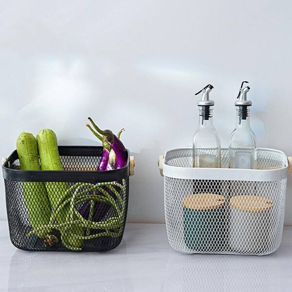2-Pack Metal Mesh Harvest Basket with Foldable Wooden Handle for Vegetable, Fruit, Picnic, Gathering, Storage, White