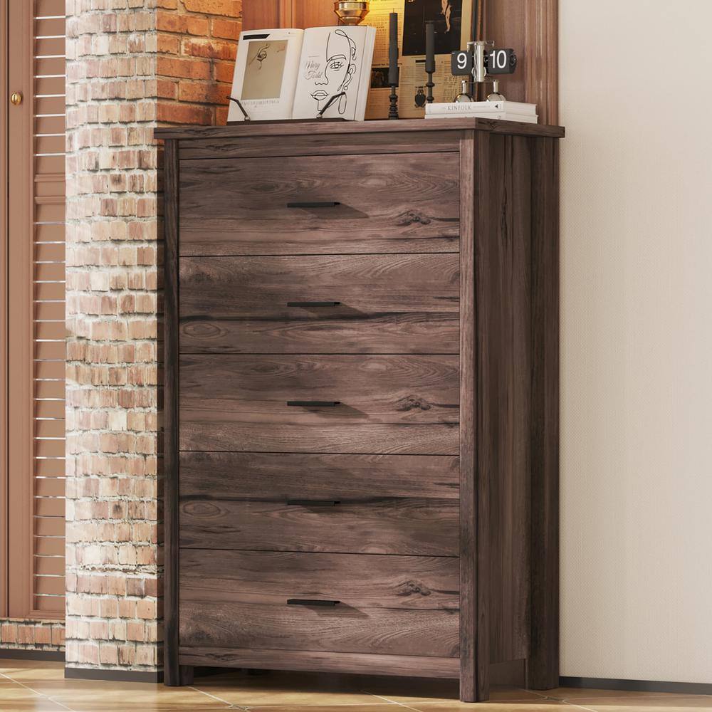 Retro American Country Style Dark Walnut Brown 5 Drawer 31.5 in. Wide Wooden Chest of Drawers