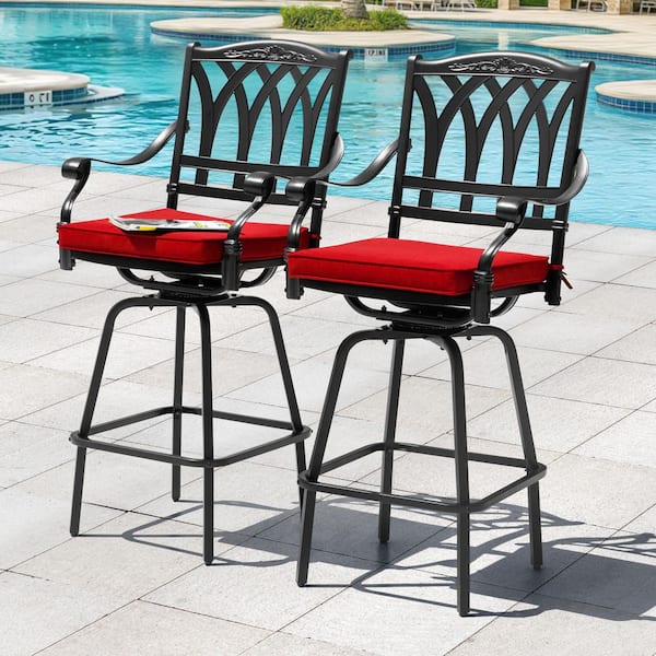 Swivel Cast Aluminum Outdoor Bar Stool with Red Cushions, Olefin Cushion Cover (2-Pack)