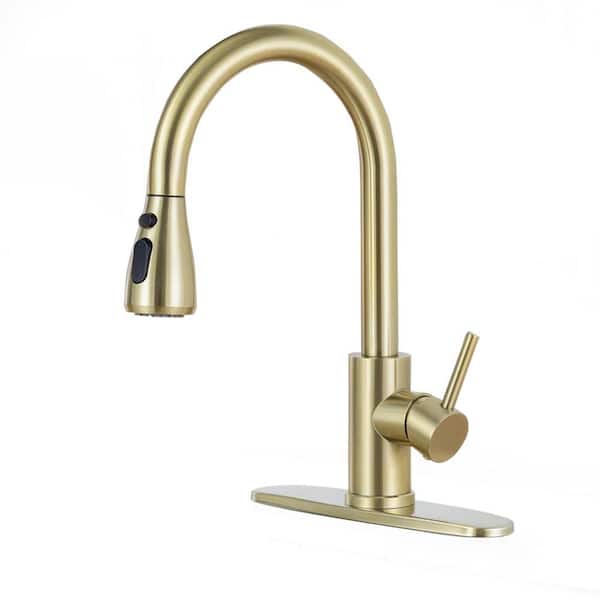 15.35 in. Single Handle Pull Down Sprayer Kitchen Faucet Commercial Kitchen Sink Faucets for RV, Laundry in Brushed Gold