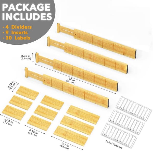 4-Piece 17 in. to 22 in. Adjustable Bamboo Drawer Dividers with 9 Inserts and Labels for Home, Office, Dressers, Natural