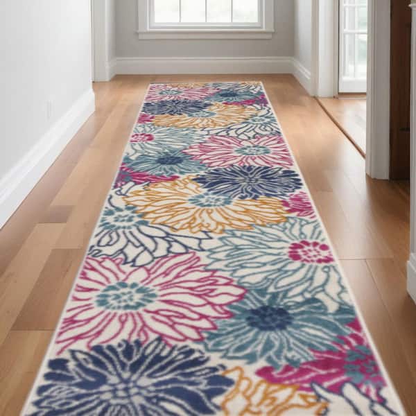 2 X 10 Blue Floral Washable Area Rug Runner Rug