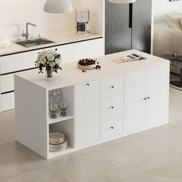 White Wood Top Buffet with Trash Bin Cabinet and Multi-Storage Design