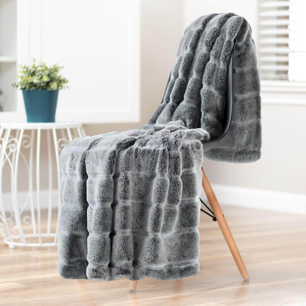 Gray Faux Fur and Mink Reversible Throw Blanket 50x65 Inches