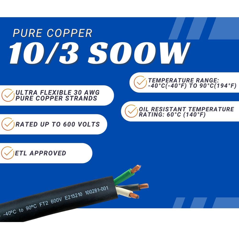 10-Foot Black 10/3 SOOW Copper Outdoor Power Cable
