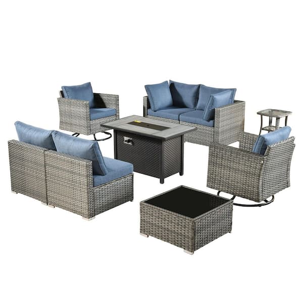 Echo 9-Piece Wicker Patio Rectangular Fire Pit Set with Denim Blue Cushions and Swivel Rocking Chairs