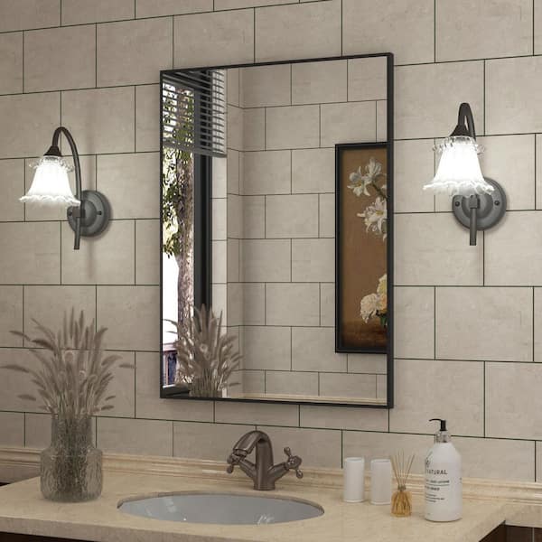 22 in. W x 30 in. H Aluminum Framed Rectangular Vanity Wall Mounted Mirror in Matte Black