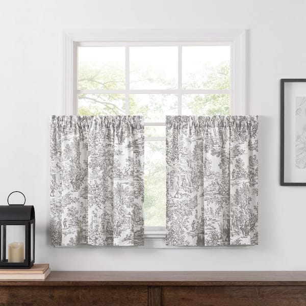 null Victoria Park Grey Cotton Toile Rod Pocket Light Filtering Tier Curtain - 34 in. W x 36 in. L (Set of 2)