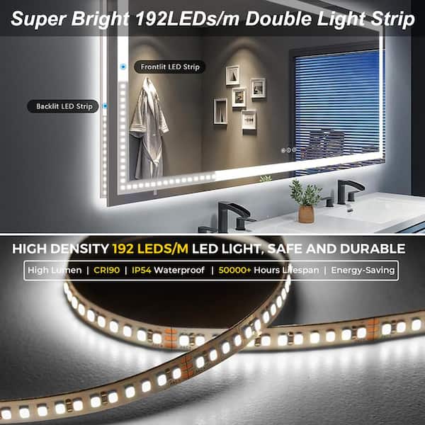 84 in. W x 32 in. H Large Rectangular Frameless Double LED Lights Anti-Fog  Wall Bathroom Vanity Mirror in Tempered Glass