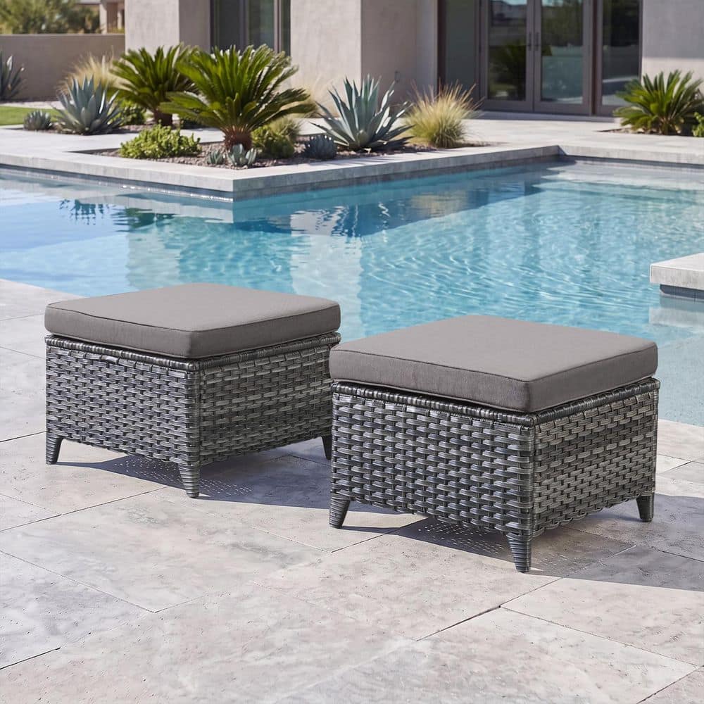 MoonLuxe Gray Wicker Outdoor Ottoman with Olefin Gray Cushions Patio/ Porch (2-Pack)