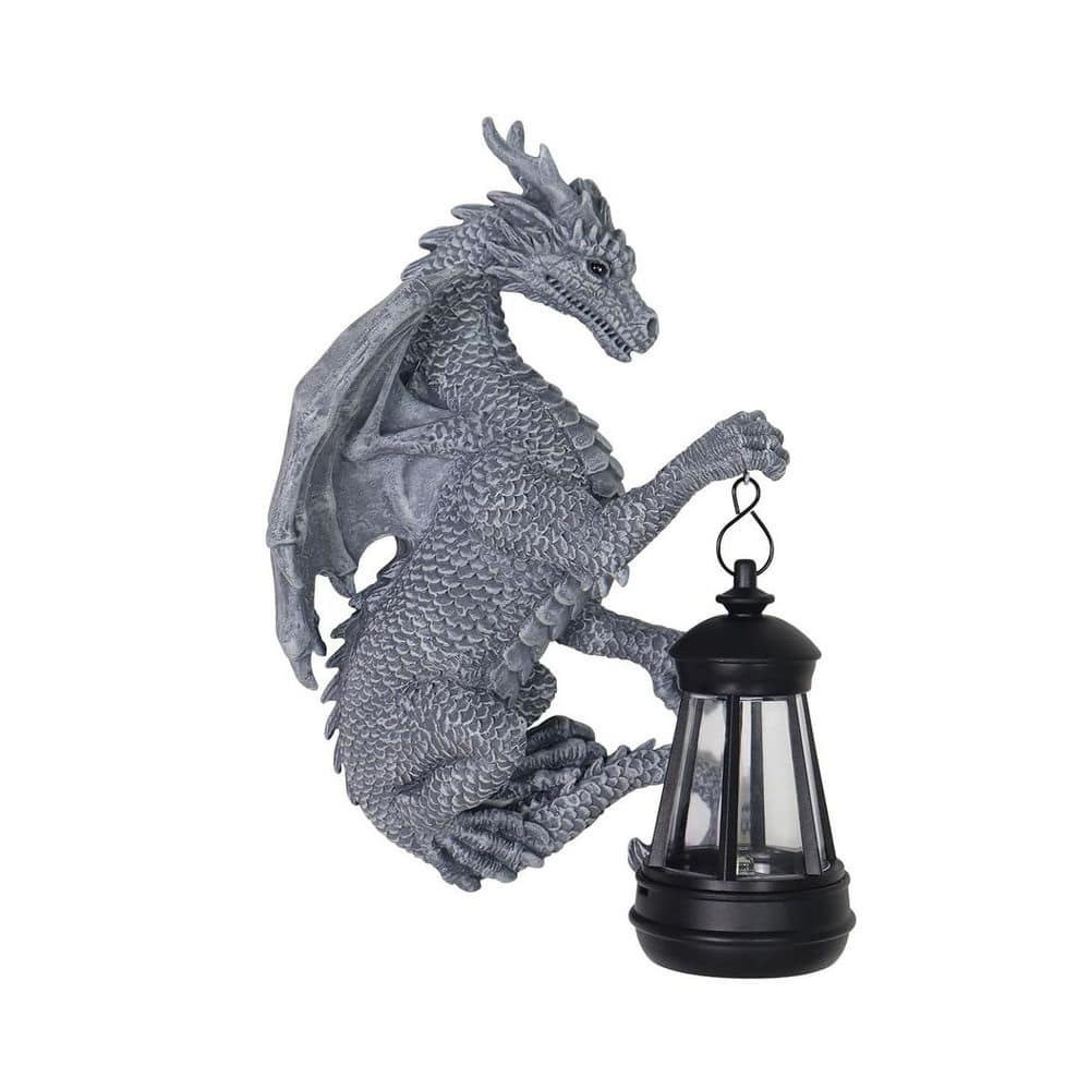 5 in. x 9 in. Gray Resin Solar Tree Hugger Dragon Garden Statue