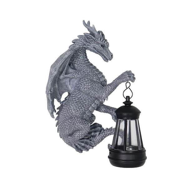 5 in. x 9 in. Gray Resin Solar Tree Hugger Dragon Garden Statue