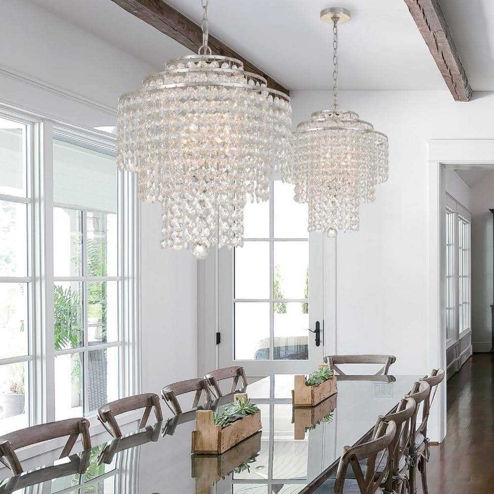 Antique Silver Mini 4-Light Crystal Chandelier with Hand Cut Beads