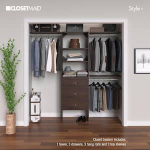 Style+ 73.12 in. W - 121.12 in. W Chocolate Basic Floor Mount Closet Kit with Top Shelves and Shaker Drawers