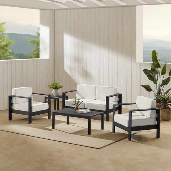 Kelten Outdoor Black 5-Piece Aluminum Patio Conversation Set with White Cushions