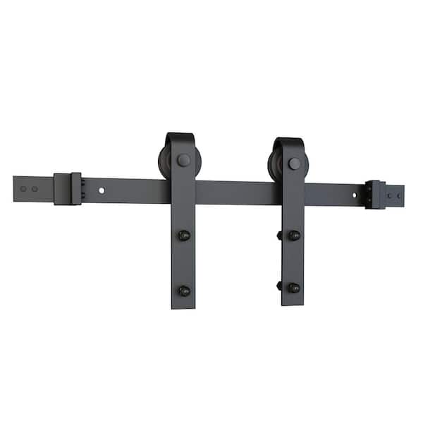 American Pro Decor 78 in. Black Solid Steel Sliding Rolling Barn Door Hardware Kit for Single Wood Doors with Routed Floor Guide