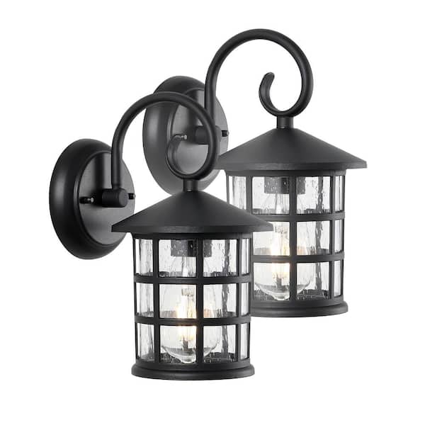 JONATHAN Y Cadiz 6 in. 1-Light Iron/Seeded Glass Cottage Rustic Scrolled Hardwired LED Black Outdoor Wall Lantern Sconce (Set of 2)