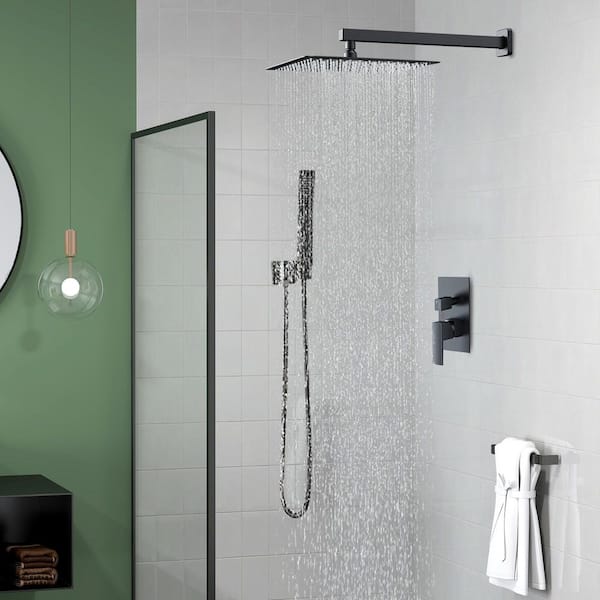 10 in. 2-Jet High-Pressure Rainfall Shower System w/Wall Mount Mixer Set Handheld Shower in Matte Black (Valve Included)