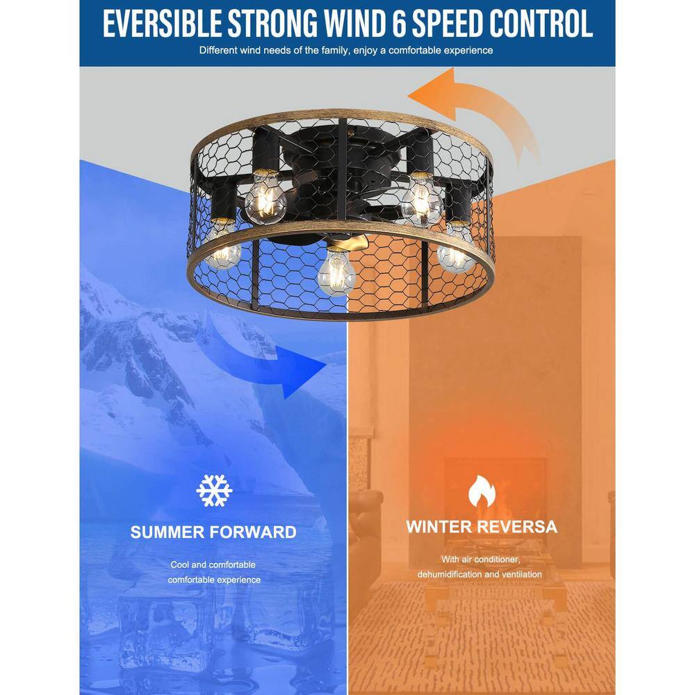 20 in. Black Industrial Low Profile Caged Ceiling Fan with Light and Remote