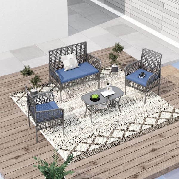 Unbranded 4-Piece Metal Outdoor Patio Conversation Sectional Set with Blue Cushions and Coffee Table for Backyard and Garden