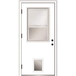 30 in. x 80 in. Internal Blinds Right-Hand Outswing 1/2-Lite Clear Primed Fiberglass Prehung Front Door with Pet Door